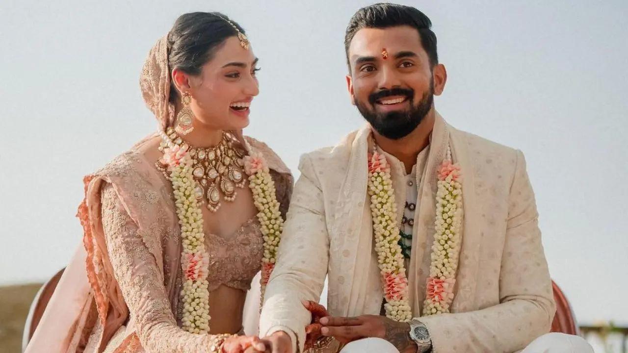 Athiya Shetty and KL Rahul had a close-knit wedding ceremony at her farmhouse in Khandala. The lovebirds tied the knot on January 23 after dating for a few years. The two opted for stunning pastel outfits. Athiya looked resplendent in an old rose pink lehenga, and her groom, cricketer KL Rahul, complemented her look in an ivory sherwani